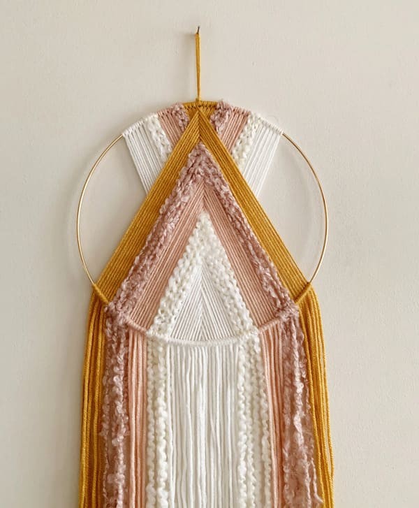 Mustard Pink and White Yarn Hoop Wall Hanging $26.00.