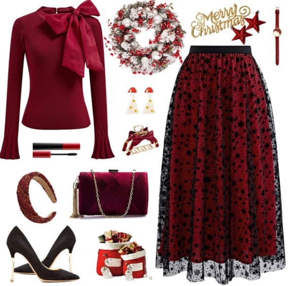 Holiday Elegance: Bow Blouse and Lace Skirt