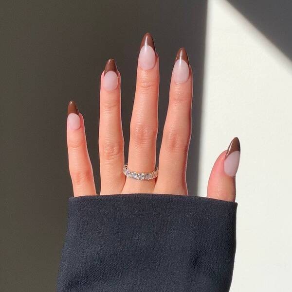 Chocolate brown french tip nails.