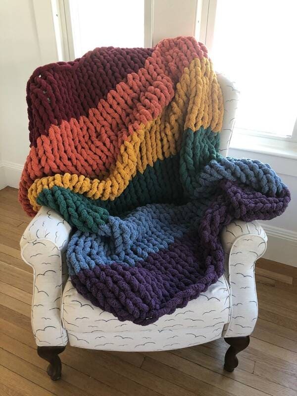 Dark Rainbow Pattern Chunky Knit Blanket.