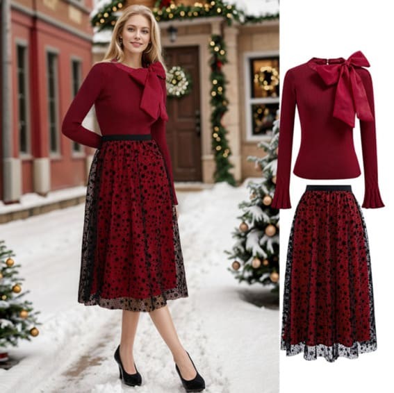 Holiday Elegance: Bow Blouse and Lace Skirt