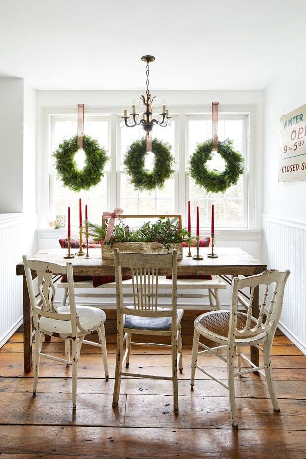 Festive wreaths in symmetrical pairing.