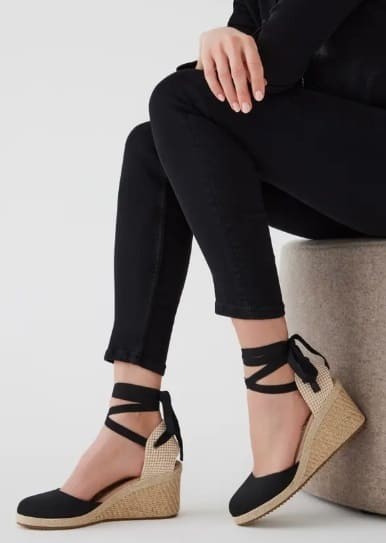 Sophisticated Stride: Black Tie-Up Espadrille Wedges