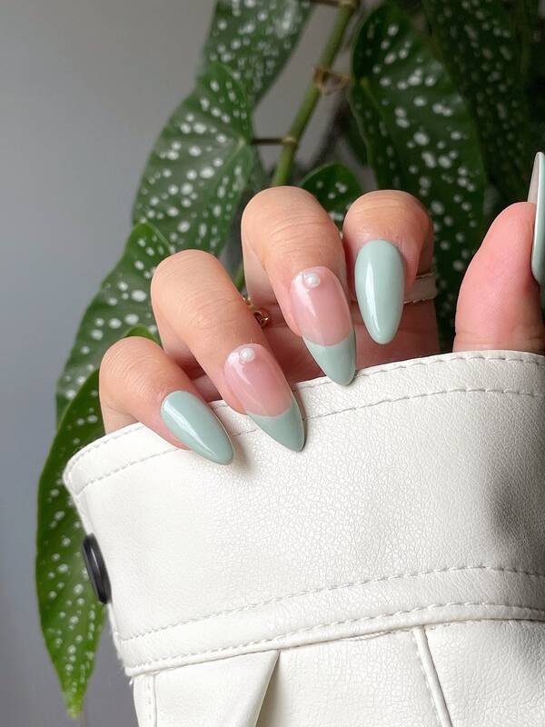 Sage colored french tips with pearls.