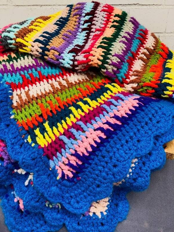 Vintage Crocheted Knit Blanket With Bright Bohemian Colors.