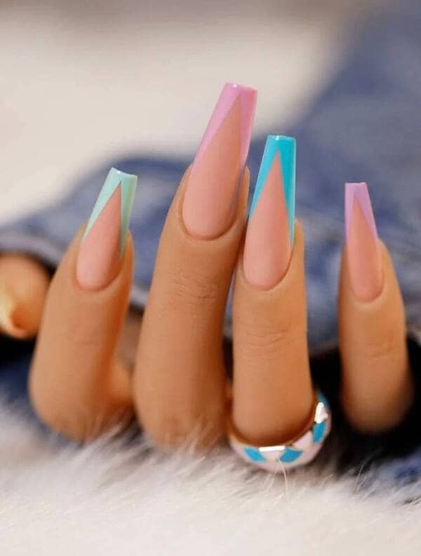 Rainbow V french tip nails.