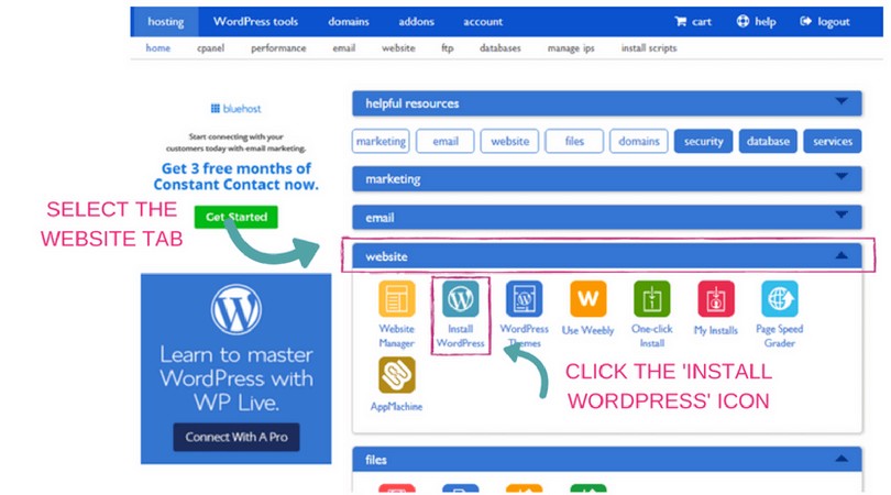 Step #10. Install WordPress with the one-click install in Bluehost.