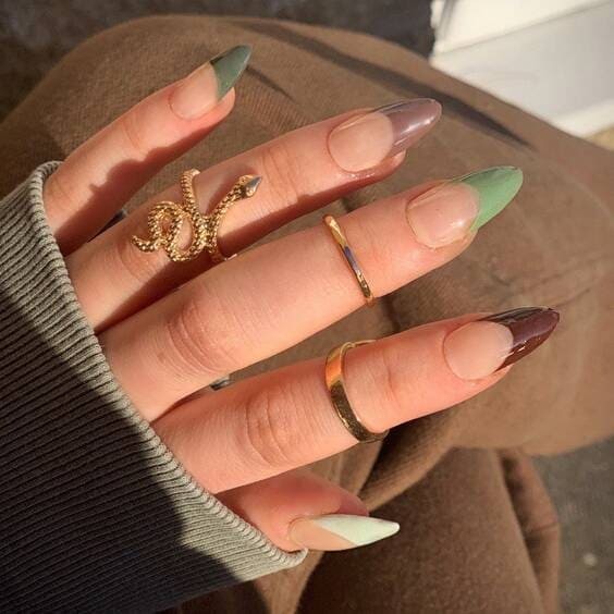 Brown & green french tip press on nails.