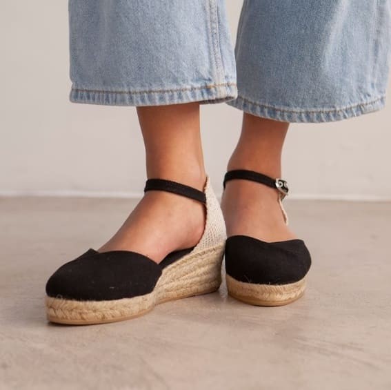 Black Canvas Charm: Ankle-Strap Espadrilles