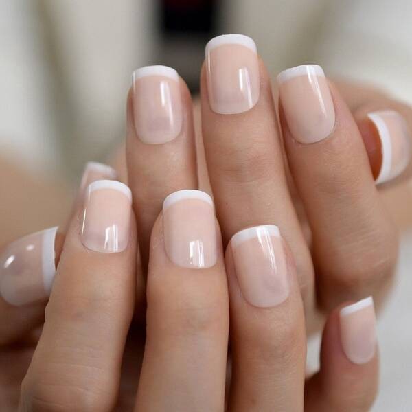 Nude french nails short square.