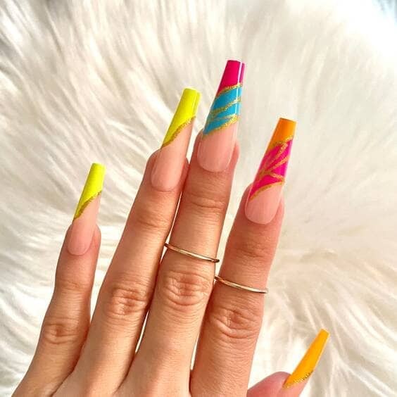 Colorful french tip long coffin nails.