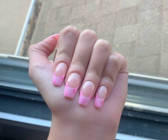 Pink flower french tip nails