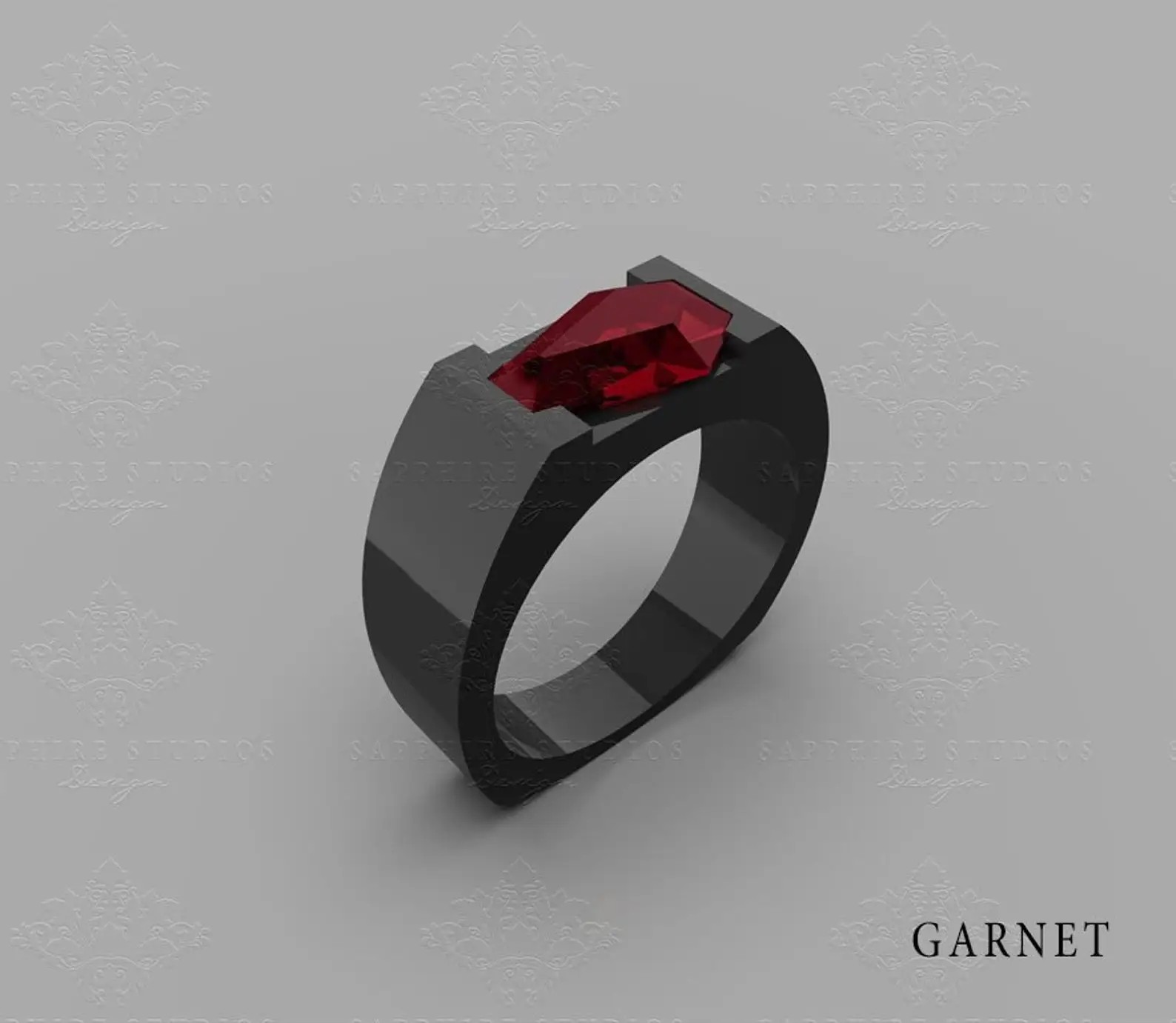 Black wedding rings with red stones