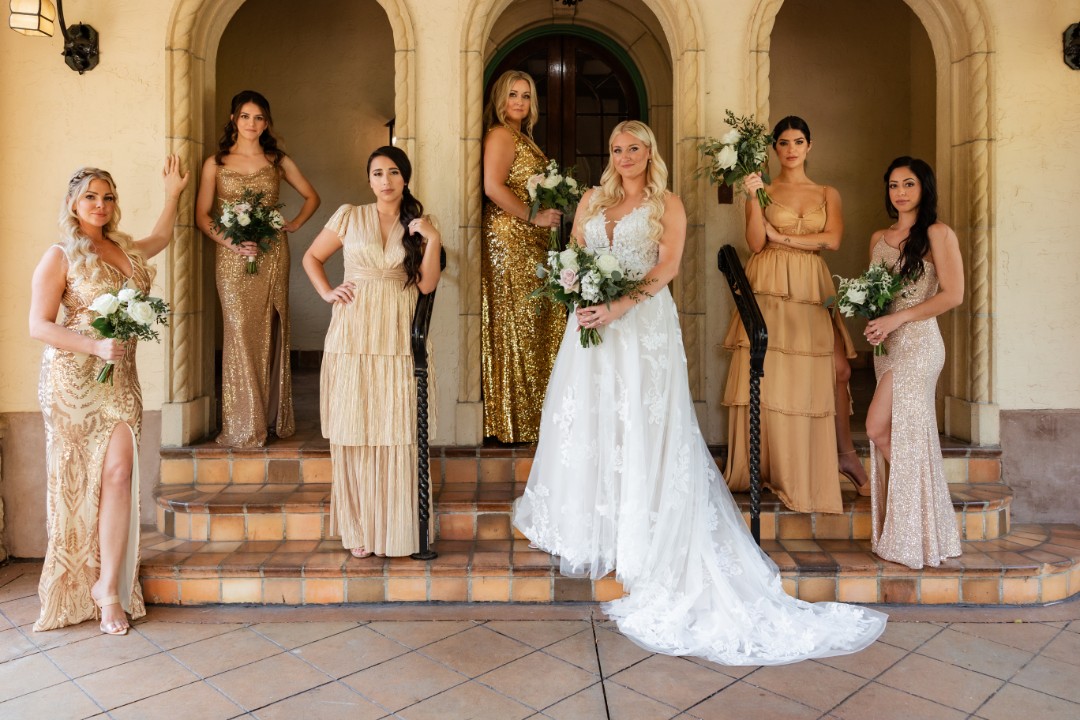 14) Shine bright with gold mismatched bridesmaid dresses