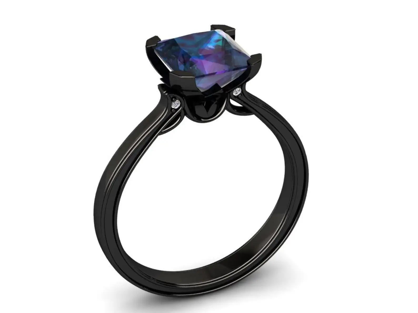 Black wedding rings with blue stones: sapphires, alexandrite, and other natural gemstones