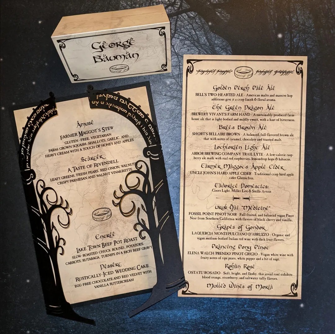 Get guests excited for second breakfast and elevensies with a Lord of the Rings wedding menu.