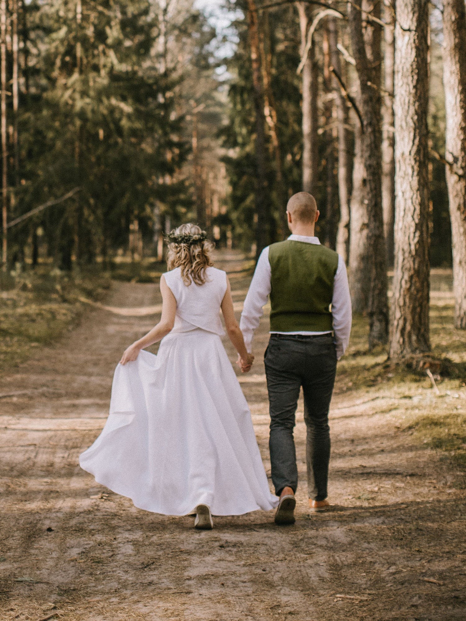 Two-piece boho linen wedding dress with full shoulder and back coverage