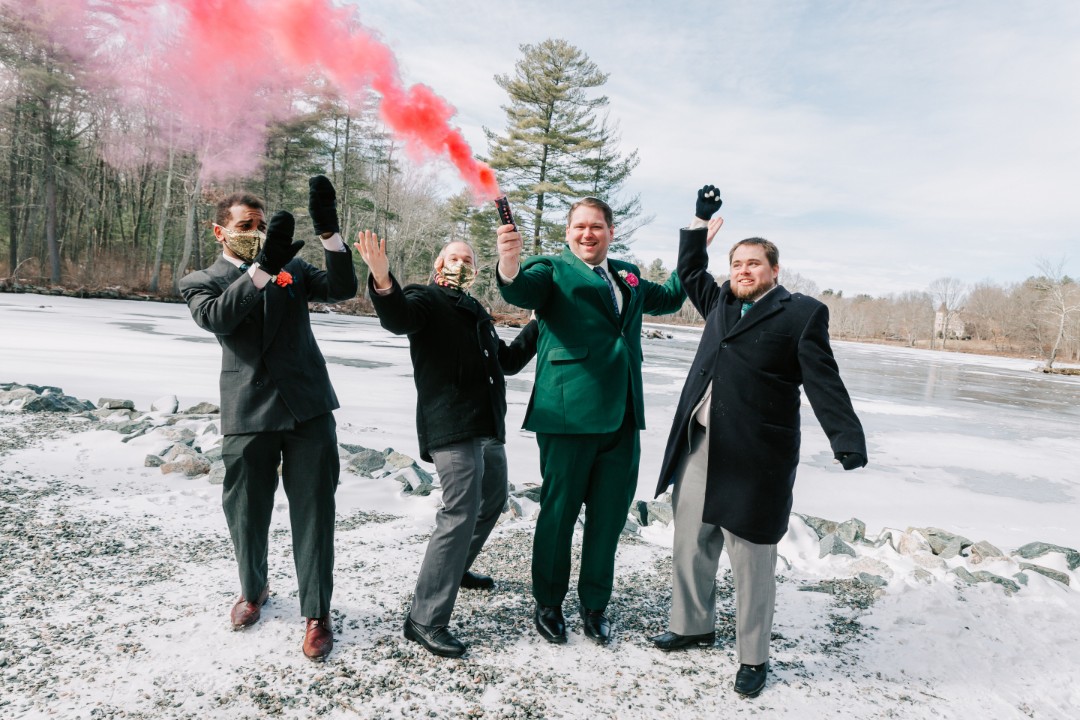 Colorful smoke bombs were used during formal photos at a frozen lake nearby.