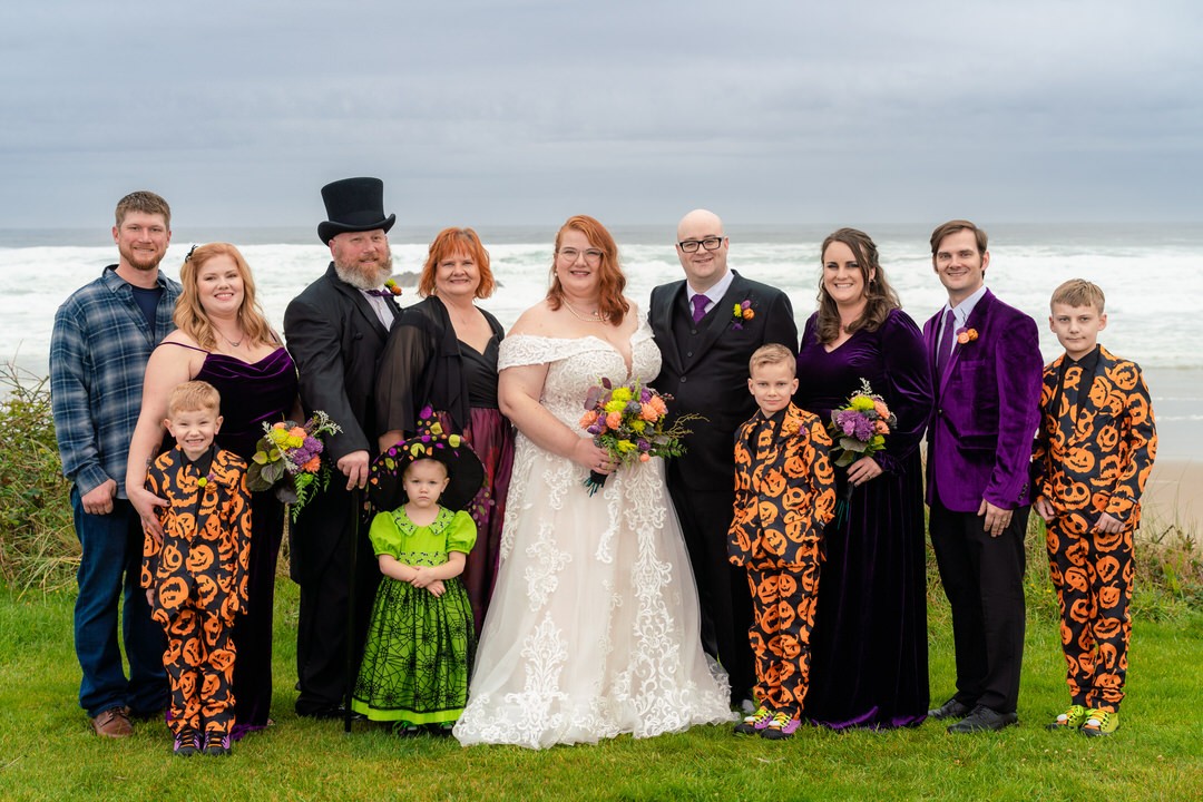 Check out the wedding party outfits at this Halloween wedding