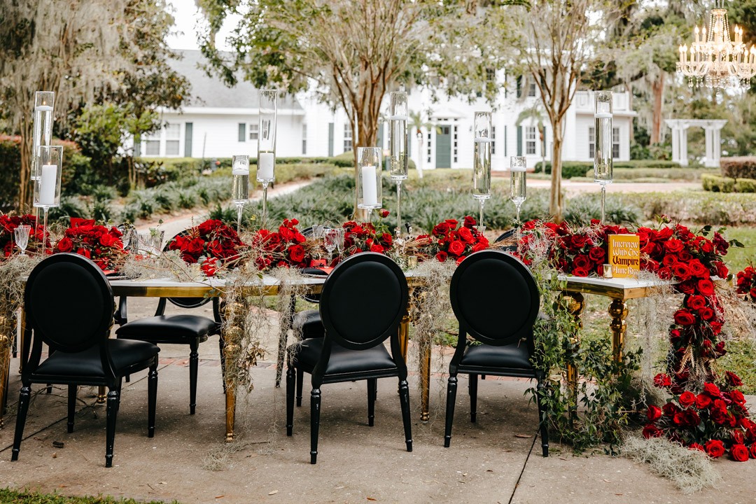 This vampire wedding decor combines gothic glam with classic New Orleans.