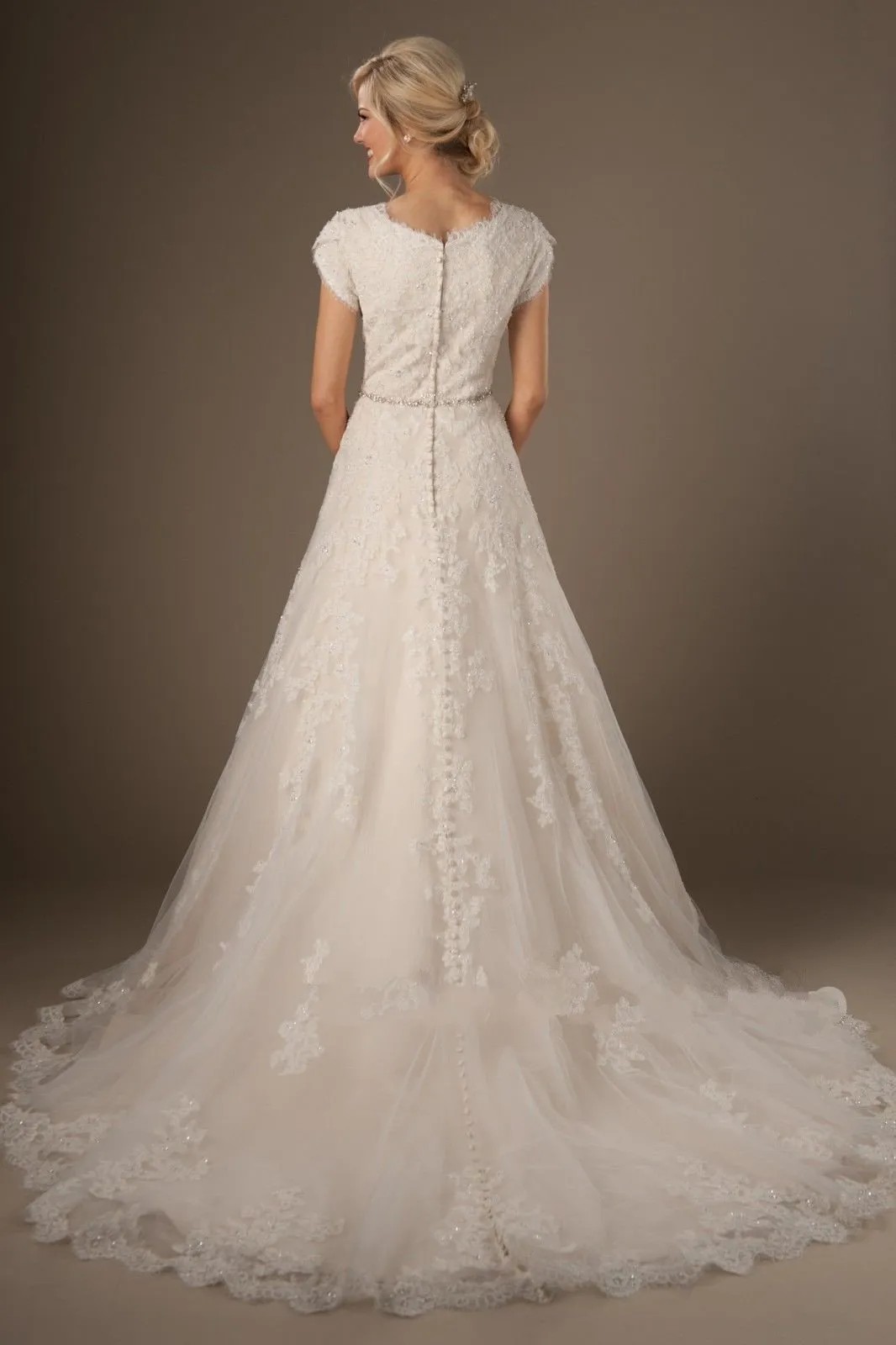 Lace cap-sleeved wedding dress with full back coverage