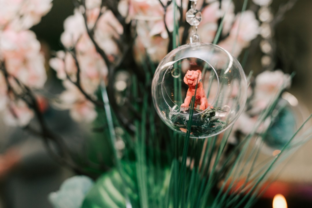 The classroom at Franklin Park Zoo was transformed into a whimsical jungle on the evening of Danya and Chris’ colorful wedding. The table centerpieces at the reception were also animal/nature-themed and absolutely adorable. They were made by the bride herself!