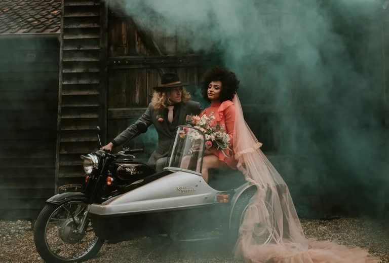 Wedding Inspo With A Short Red Wedding Dress And The Best Couple Hair Ever