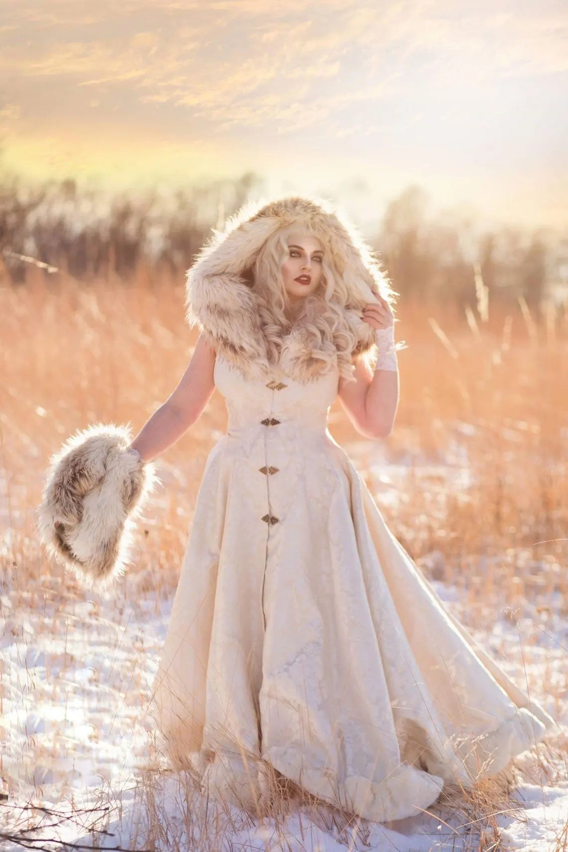 Viking queen wedding dress with furry hood and full back