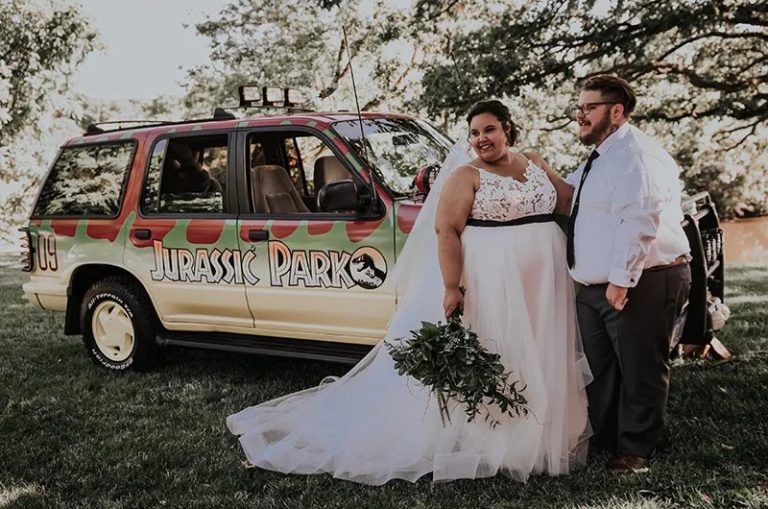 A Jurassic Park Wedding With A Real Park Vehicle And Dino Attack