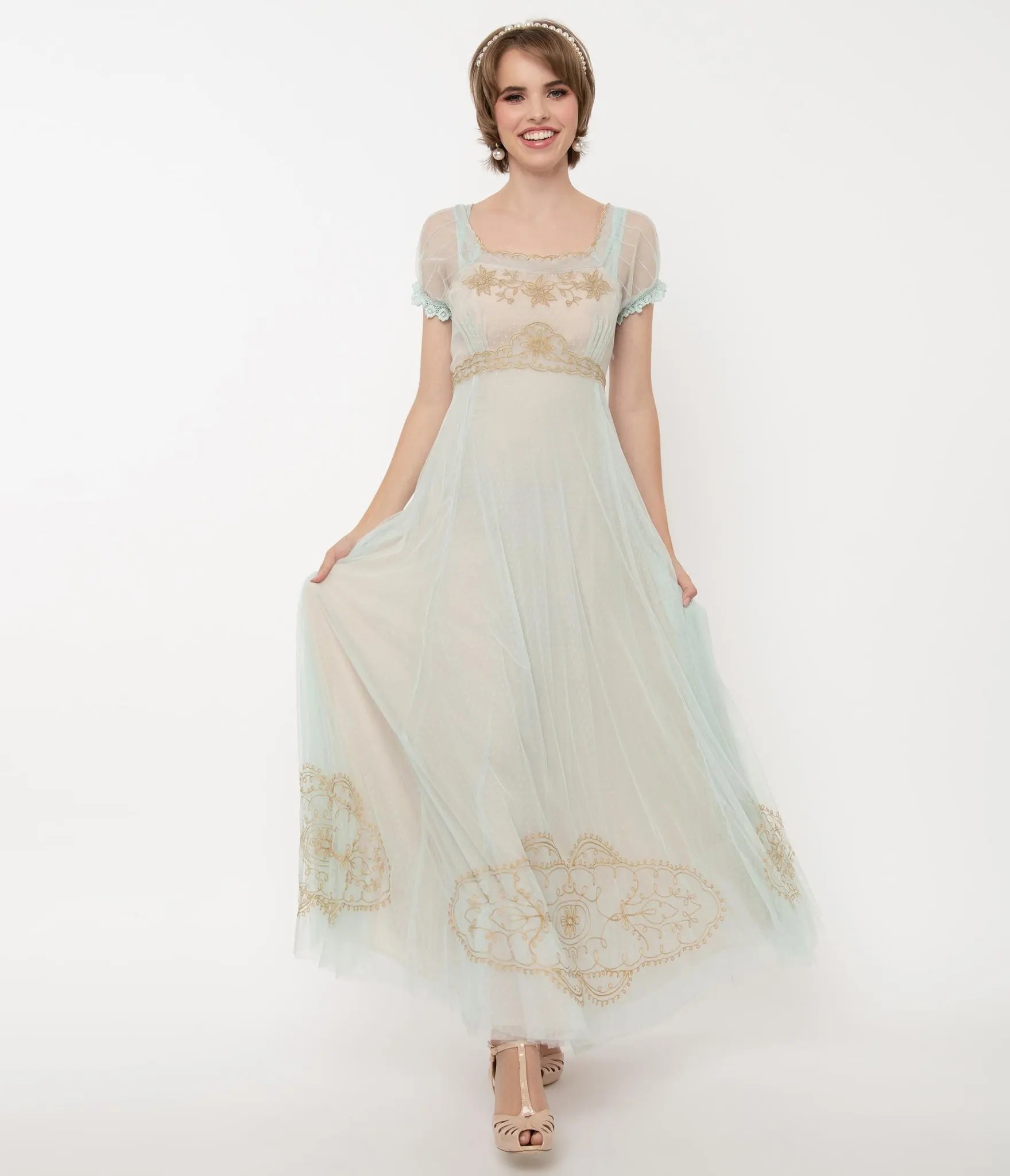 Regency styled mint green wedding dresses