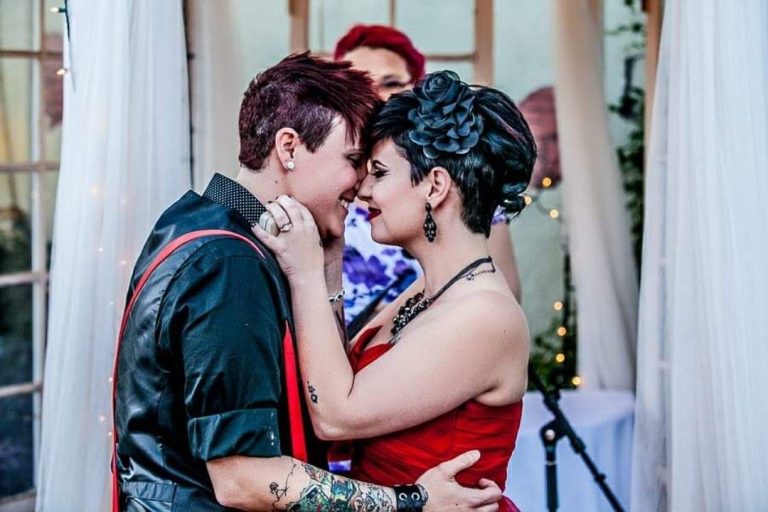 Rockabilly Lesbian Wedding With A Nontraditional Red Wedding Dress