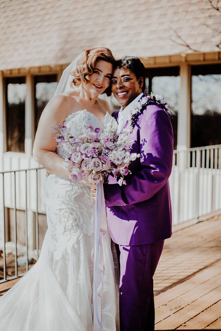 Elegant Purple Wedding With A Shoulder Corsage!