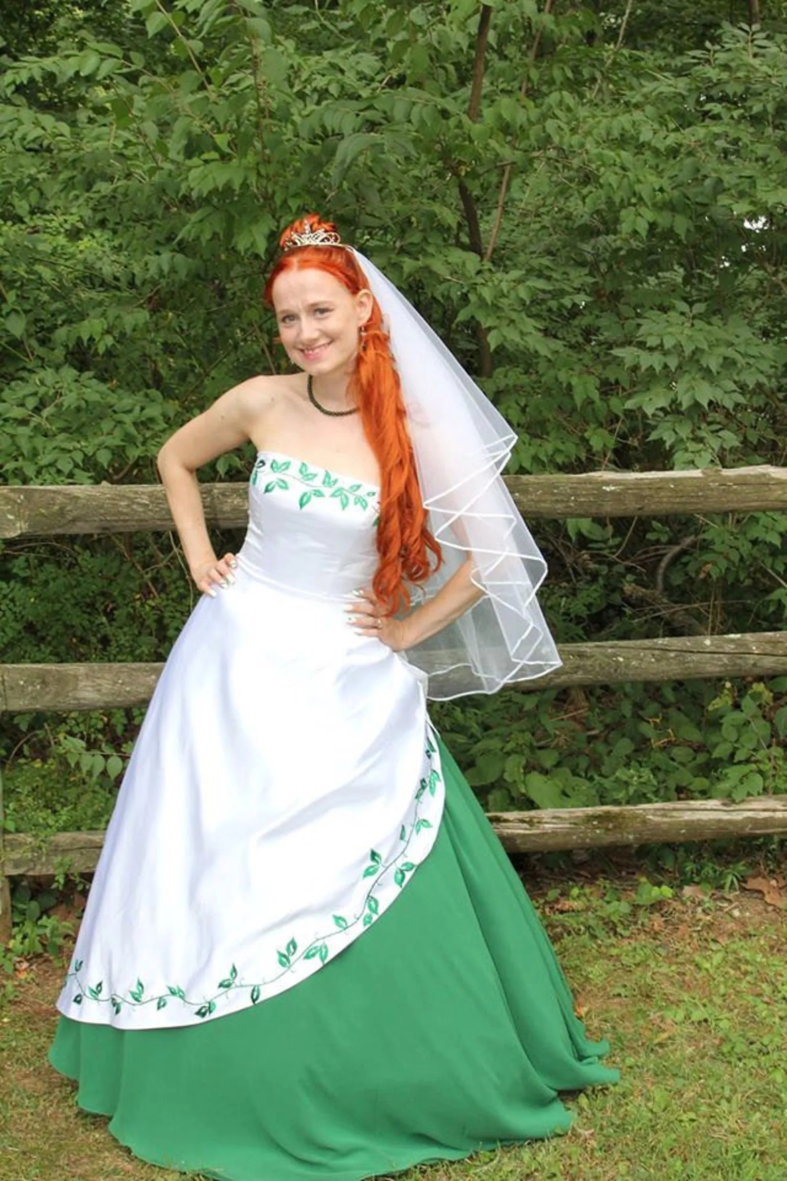 Green wedding dress accents