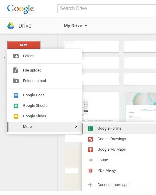 Start by clicking “New” in your Google Drive