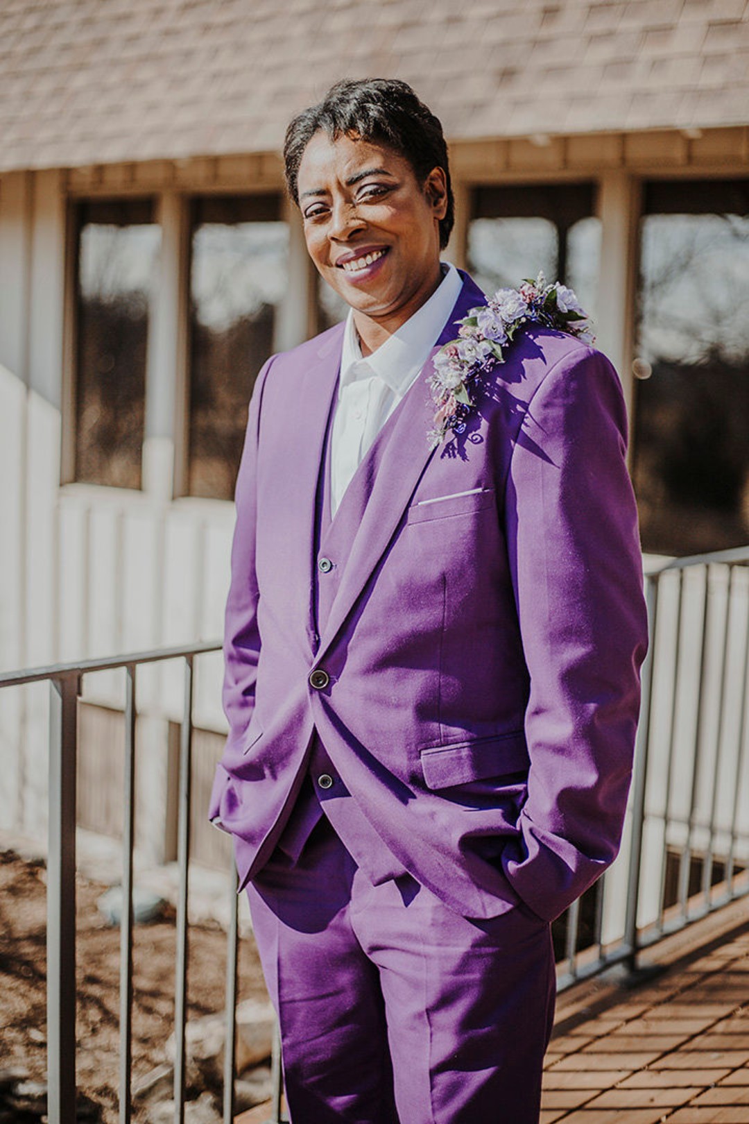 Which do you love more? The super-affordable purple wedding suit from Amazon, or the shoulder corsage?